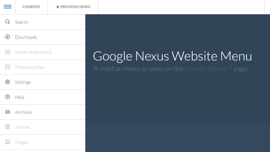 Google Nexus Website Menu