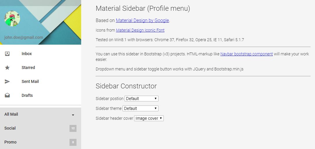 Material Design - Sidebar (Profile Menu)