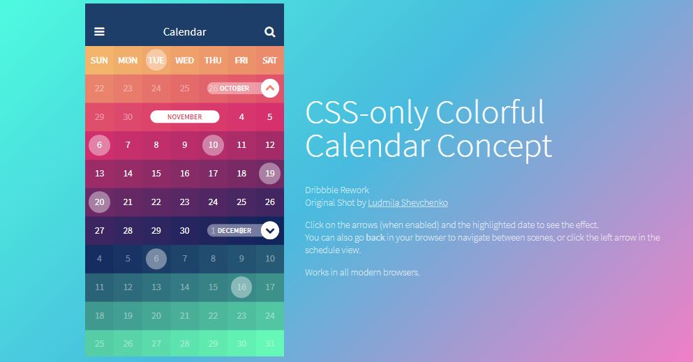 CSS Only Colorful Calendar Concept