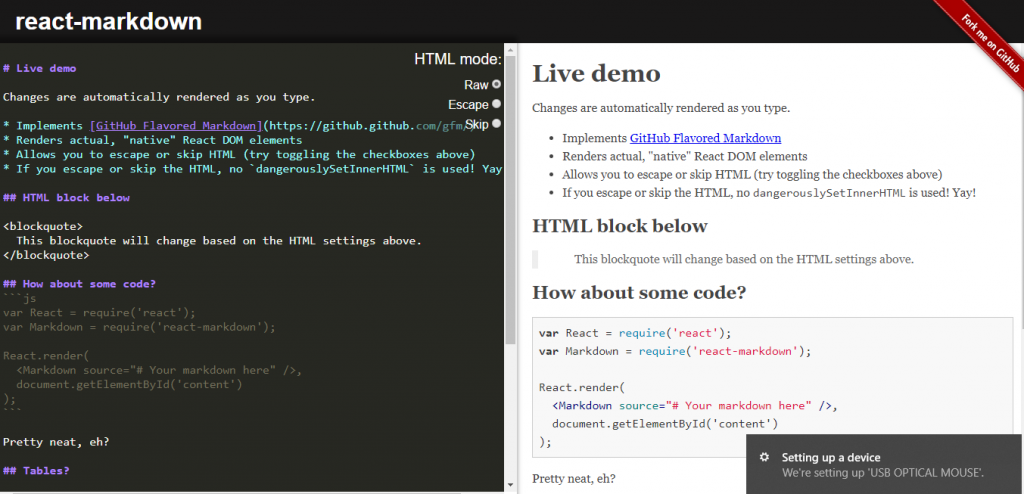 React markdown editor with split view
