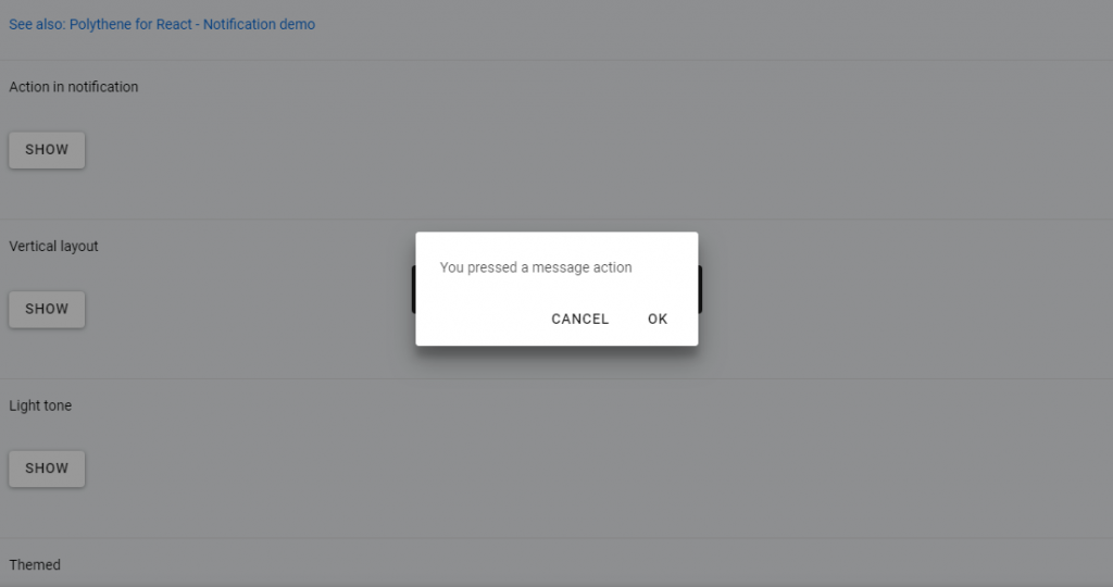 Polythene react UI notification component example for design