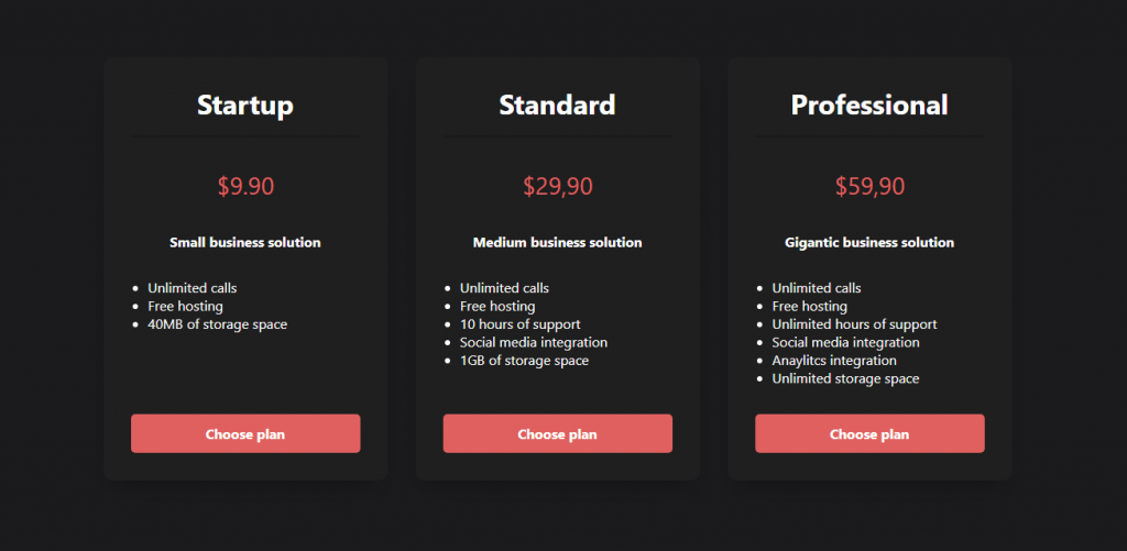 pricing plan layout