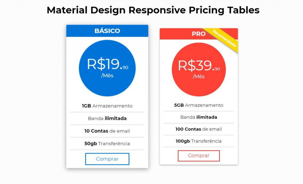 Material Design Responsive Pricing Tables  