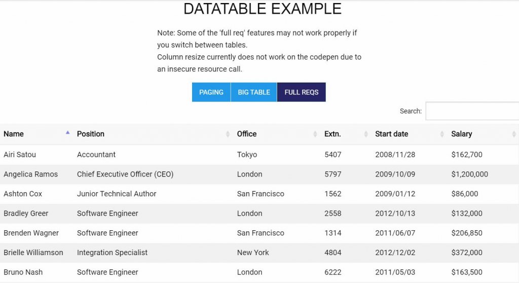 Awesome HTML CSS Datatable Template examples