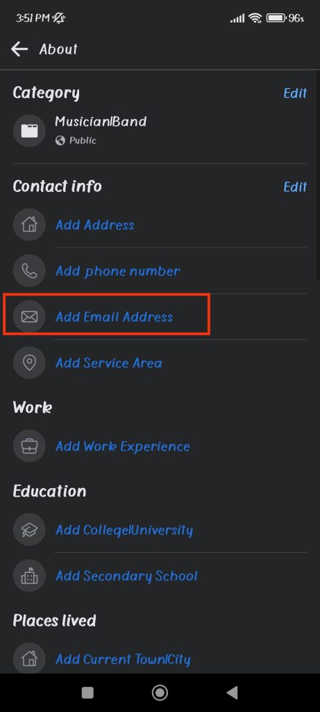 Add email address to Facebook page