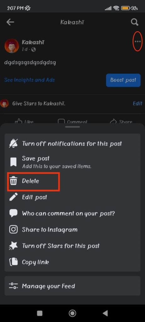 Delete a post on Facebook page 