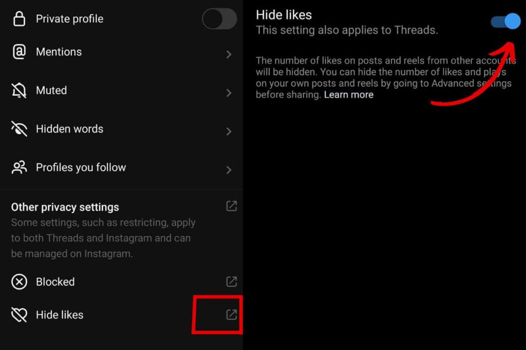 how to hide likes on all posts on threads