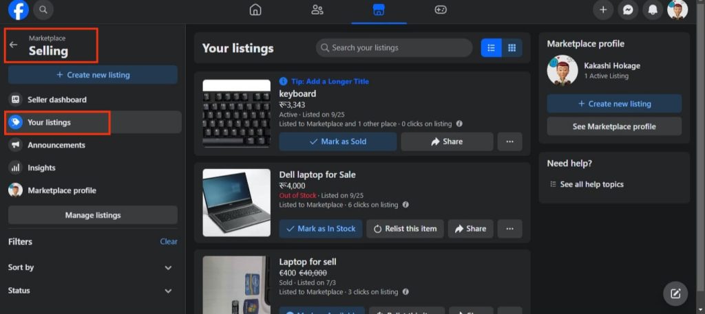 Your listings on Facebook Marketplace