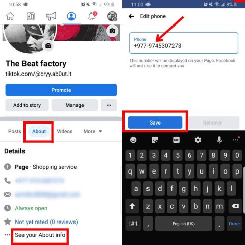 how to add second phone number to facebook business page