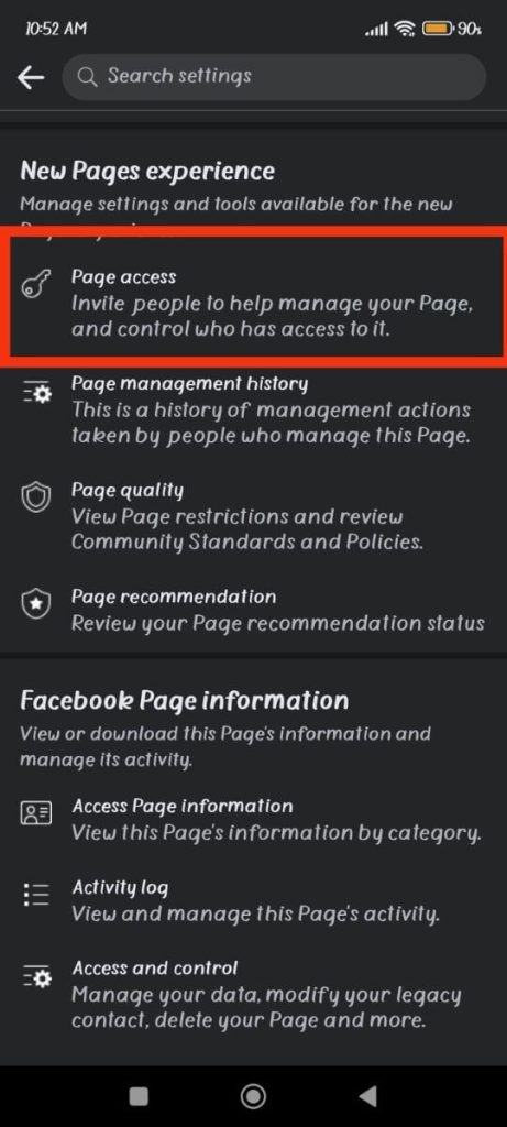Page access settings 