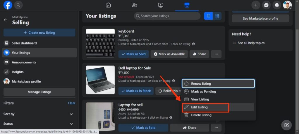 Edit Facebook marketplace listing