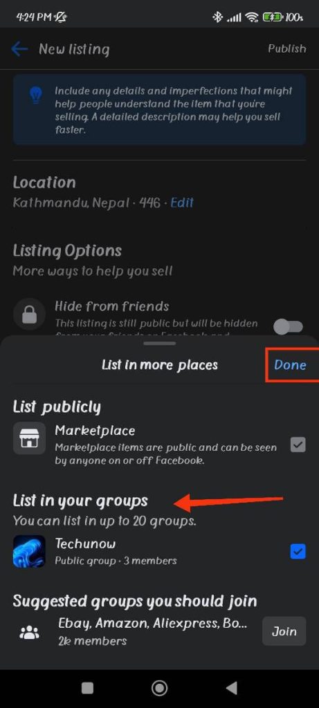 Share marketplace listing on Groups